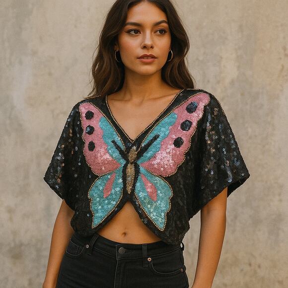 chanson D'Amour Tops - Vintage Chanson D'Amour Sequin Butterly Dolman Sleeve Cropped Top